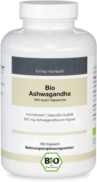 Bio Ashwagandha (Schlafbeere) hochdosiert und vegan von EXVital Vitahealth, 180 Kapseln