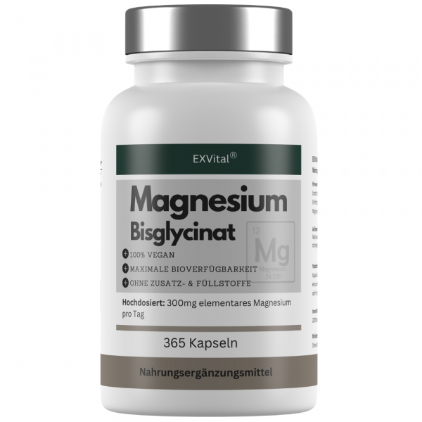 Magnesiumbisglycinat, hochdosiert 1365mg pro Tagesdosis, 365 vegane Kapseln von Exvital