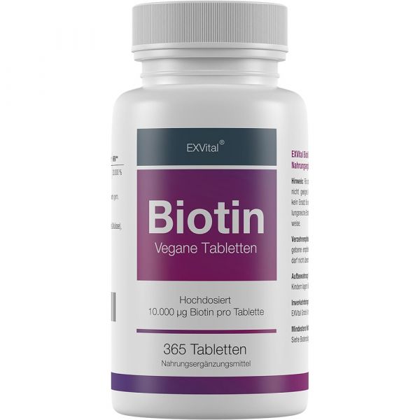 Biotin für Haare, Haut und Fingernägel hochdosiert von EXVital, 365 Tabletten