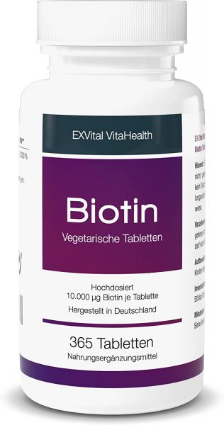 Biotin für Haare, Haut und Fingernägel hochdosiert von EXVital VitaHealth, 365 Tabletten