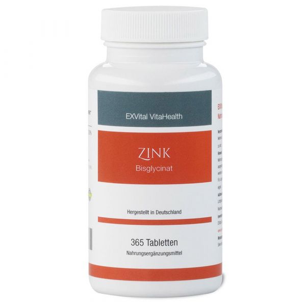 Zink Tabletten– 25 mg Zink-Bisglycinat von EXVital Vitahealth, 365 vegane Tabletten