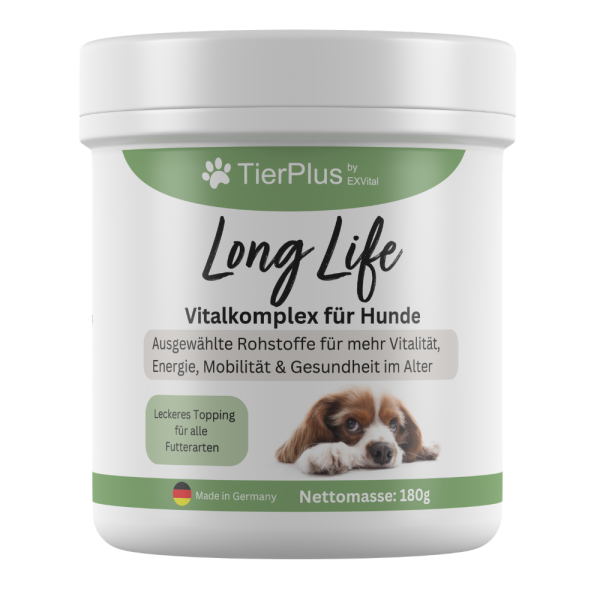 Long Life Vitalkomplex-Pulver für Hunde, mit Omega 3 Fettsäuren, Propolis & mehr, TierPlus von EXVital
